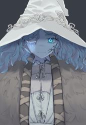 Rule 34 | 1girl, blue eyes, blue hair, cloak, closed mouth, cracked skin, dress, elden ring, fur cloak, grey background, hat, highres, long hair, looking at viewer, mantou kyn, no nose, one eye closed, ranni the witch, simple background, smile, solo, white dress, white hat, witch hat