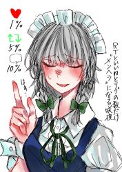 Rule 34 | 1girl, blue vest, blush, bow, braid, closed eyes, collared shirt, commentary request, frilled headwear, green bow, green ribbon, grey hair, hair ribbon, izayoi sakuya, like and retweet, long hair, maid, maid headdress, open mouth, pointing, pointing up, puffy sleeves, ribbon, shirt, short sleeves, sigure0210, simple background, smile, solo, touhou, translation request, twin braids, upper body, vest, white background, white shirt, wrist cuffs