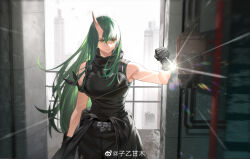 Rule 34 | 1girl, absurdres, arknights, arm scarf, armor, black gloves, black jacket, black pants, black scarf, black shirt, breastplate, breasts, chinese commentary, clothes around waist, cowboy shot, facial scar, flashlight, gloves, green hair, hair between eyes, hand up, highres, holding, holding flashlight, horns, hoshiguma (arknights), jacket, jacket around waist, large breasts, long hair, oni, pants, parted lips, scar, scar on cheek, scar on face, scarf, shirt, single horn, skin-covered horns, sleeveless, sleeveless shirt, solo, teeth, weibo logo, weibo watermark, yellow eyes, ziyiganmu