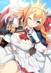 Rule 34 | 1girl, ahoge, blonde hair, blue eyes, blush, braid, breasts, cleavage, commentary request, dated, dress, gloves, hand on own hip, highres, large breasts, long hair, looking at viewer, nebusoku, pecorine (princess connect!), princess connect!, red neckwear, red skirt, short sleeves, side braid, signature, single braid, skirt, solo, split mouth, tiara, tongue, tongue out, white gloves