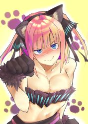 Rule 34 | absurdres, animal ears, ayauchi, bandeau, black ribbon, blue eyes, blunt bangs, butterfly hair ornament, cat ears, embarrassed, go-toubun no hanayome, hair ornament, highres, midriff, nakano nino, navel, pink hair, ribbon, solo, strapless, twintails