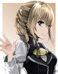 Rule 34 | 10s, 1girl, braid, breasts, brown eyes, brown hair, fitz (fita is the smartest), goblin slayer!, guild girl (goblin slayer!), half-closed eyes, hand up, highres, long sleeves, looking at viewer, medium breasts, puffy long sleeves, puffy sleeves, side braid, signature, smile, solo, uniform, upper body