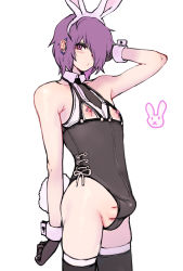 Rule 34 | 1boy, 2n5, absurdres, androgynous, animal ears, arm behind head, armpits, black thighhighs, blush, breastless clothes, bulge, cowboy shot, earrings, erection, erection under clothes, fake animal ears, hair over one eye, highres, jewelry, leotard, male focus, mikel-kun, necktie, nipple piercing, nipples, open mouth, penis, piercing, playboy bunny, purple hair, rabbit ears, rabbit tail, short hair, simple background, solo, tail, testicles, thighhighs, trap, white background, wrist cuffs