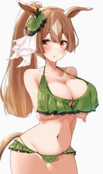Rule 34 | 1girl, animal ears, arm under breasts, bare arms, bare shoulders, bikini, blush, breasts, brown eyes, brown hair, cleavage, commentary request, cowboy shot, green bikini, groin, hair between eyes, hair ribbon, highres, horse ears, horse girl, horse tail, komb, large breasts, long hair, looking at viewer, multicolored hair, navel, open mouth, parted lips, ponytail, ribbon, satono diamond (umamusume), simple background, solo, standing, stomach, streaked hair, swimsuit, tail, umamusume, white background, white hair