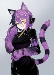Rule 34 | 1girl, animal ears, animal hands, armband, black bow, black hair, black jacket, black skirt, bow, breasts, business suit, cat ears, cat tail, cheshire cat (monster girl encyclopedia), collared shirt, cowboy shot, facial mark, formal, grey background, grin, hair bow, hair ribbon, hand up, highres, jacket, jiffic, long sleeves, looking at viewer, medium breasts, monster girl, monster girl encyclopedia, multicolored hair, necktie, orange eyes, orange necktie, purple hair, ribbon, shirt, short hair, simple background, skirt, skirt suit, slit pupils, smile, solo, standing, suit, tail, tail raised, two-tone hair, v-shaped eyebrows, wing collar, yellow eyes