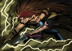 Rule 34 | 1boy, aotsuki ushio, black hair, blue pants, claws, commentary request, demon, holding, holding spear, holding weapon, lightning, long hair, male focus, pants, polearm, sharp teeth, spear, striped, teeth, tora (ushio to tora), ushio to tora, very long hair, wasabi60, weapon