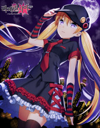 Rule 34 | 1girl, black dress, black hat, black thighhighs, blonde hair, breasts, city, city lights, cityscape, commentary, copyright name, cowboy shot, dress, elbow gloves, fingerless gloves, gloves, hand on headwear, hat, jenevan, long hair, looking at viewer, moon, necktie, night, night sky, original, parted lips, purple eyes, red necktie, ribbon, sky, small breasts, solo, striped clothes, striped gloves, thighhighs, twintails, very long hair