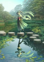 Rule 34 | 1girl, black thighhighs, chatan (kitatani0622), day, green theme, hatsune miku, highres, kyoto, lily pad, outdoors, reflection, standing, thighhighs, vocaloid