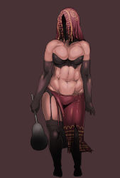 Rule 34 | 1girl, abs, bad anatomy, black gloves, black thighhighs, breasts, bustier, cleavage, club (weapon), dark souls (series), dark souls i, dark souls ii, desert sorceress, elbow gloves, garter straps, gloves, hood, large breasts, midriff, over-kneehighs, red hood, sashizume soutarou, shaded face, side slit, skirt, solo, thighhighs, toned, weapon