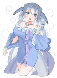 Rule 34 | 1girl, bare shoulders, blue dress, blue eyes, blue gloves, blue hair, blush, cosplay, cowboy shot, dress, earrings, fins, frilled dress, frilled gloves, frills, gloves, hair between eyes, head chain, head fins, jewelry, kemono friends, long hair, mermaid melody pichi pichi pitch, microphone, multicolored hair, necklace, noel (mermaid melody pichi pichi pitch), noel (mermaid melody pichi pichi pitch) (cosplay), open mouth, pencil dress, shell, shell earrings, shell necklace, shimazoenohibi, sidelocks, sleeveless, smile, solo, steller&#039;s sea cow (kemono friends), tail, white hair