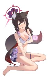 Rule 34 | 1girl, absurdres, animal ear fluff, animal ears, bikini, blue archive, brown fur, brown hair, embarrassed, fox ears, fox girl, fox tail, frown, h9 99999, halo, highres, long hair, looking at viewer, multicolored hair, open mouth, ponytail, red hair, simple background, sitting, solo, swimsuit, tail, very long hair, wakamo (blue archive), wakamo (swimsuit) (blue archive), white background, white bikini, yellow eyes