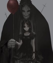 Rule 34 | 1girl, 1other, aoi ogata, artist name, balloon, black choker, black dress, black hair, choker, clip studio paint (medium), collarbone, commentary, dress, english commentary, eyepatch, grey background, grey eyes, highres, holding, holding balloon, horns, long sleeves, looking at viewer, original, parted bangs, simple background