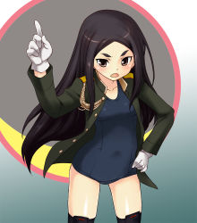 Rule 34 | 1girl, aiguillette, black eyes, black hair, eyebrows, fusou empire princess, gloves, long hair, mirutsu (milts), one-piece swimsuit, open mouth, school swimsuit, solo, strike witches, strike witches zero, swimsuit, swimsuit under clothes, thighhighs, world witches series