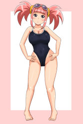 Rule 34 | 00s, 1girl, barefoot, blush, breasts, cleavage, climax entertainment, dinosaur king, feet, goggles, goggles on head, hands on own hips, large breasts, nipples, one-piece swimsuit, pink hair, purple eyes, pussy, quinst, sega, solo, standing, swimsuit, tatsuno malm, toes