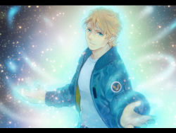 Rule 34 | 10s, 1boy, blonde hair, blue eyes, blue jacket, bomber jacket, glowing, glowing eyes, jacket, keith goodman, letterboxed, light particles, male focus, morino mizu, short hair, solo, tiger &amp; bunny