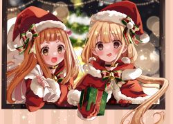 Rule 34 | 2girls, :d, bell, blonde hair, blunt bangs, blurry, blurry background, bokeh, bow, breath, brown eyes, cape, capelet, choker, christmas, christmas tree, commentary request, depth of field, fur-trimmed capelet, fur trim, futaba anzu, gift, gloves, hat, hat bow, highres, holding, holding gift, holding sack, hood, hood down, hooded capelet, ichihara nina, idolmaster, idolmaster cinderella girls, long hair, long sleeves, looking at viewer, multiple girls, neck bell, open mouth, orange hair, outside border, over shoulder, partial commentary, red bow, red cape, red gloves, red headwear, rino cnc, sack, santa gloves, santa hat, smile, snowing, star (symbol), star choker, window