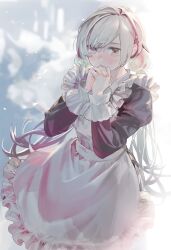 Rule 34 | 1girl, absurdres, apron, black dress, blush, cowboy shot, dress, frilled apron, frills, grey eyes, grey hair, highres, juliet sleeves, long bangs, long hair, long sleeves, looking at viewer, low-tied long hair, maid, multicolored hair, nik ibi, open mouth, original, own hands clasped, own hands together, pink hair, puffy sleeves, sidelocks, solo, streaked hair, white apron