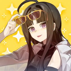 1girl absurdres ahoge armlet awa_subaru black_hair black_shirt commentary eyewear_lift girls_band_cry haobuguniao hashtag-only_commentary highres jacket jacket_on_shoulders jewelry long_hair parted_bangs purple_eyes shirt sidelocks sleeveless sleeveless_shirt solo sunglasses tongue tongue_out yellow-framed_eyewear yellow_background