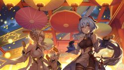 Rule 34 | 3girls, :o, ahoge, artist name, bare shoulders, bell, black gloves, blonde hair, blue hair, breasts, chinese knot, cleavage, closed eyes, deras, detached sleeves, dress, flower, flower knot, food, food on face, ganyu (genshin impact), genshin impact, gloves, hair flower, hair ornament, highres, horns, lantern, long hair, looking at another, looking at viewer, low ponytail, lumine (genshin impact), medium breasts, multiple girls, neck bell, night, open mouth, outdoors, paimon (genshin impact), short hair with long locks, sidelocks, smile, standing, tassel, vision (genshin impact), white dress, white flower, white hair