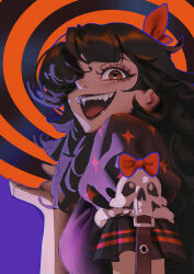 Rule 34 | 1girl, absurdres, black hair, bow, bowtie, copyright request, from below, from side, ga is, hair bow, hair over one eye, halloween, hat, highres, holding, holding clothes, holding hat, long hair, looking at viewer, open mouth, puffy short sleeves, puffy sleeves, purple background, red eyes, sharp teeth, short sleeves, simple background, skull, skull ornament, sparkle print, spiral, teeth, witch hat
