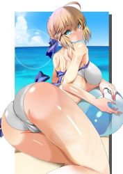 Rule 34 | 1girl, absurdres, ahoge, artoria pendragon (fate), artoria pendragon (swimsuit archer) (fate), ass, ass focus, back, ball, beach, beachball, bikini, blonde hair, blue eyes, blue ribbon, breasts, cameltoe, fate/grand order, fate/stay night, fate (series), from behind, hair ribbon, highres, huge ass, large breasts, looking at viewer, looking back, outdoors, ribbon, shiny skin, sideboob, swimsuit, thick thighs, thighs, white bikini, wide hips, yahoo0124