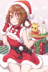 Rule 34 | 1girl, :q, absurdres, black bow, bound, bow, braid, braided hair rings, brown hair, christmas, cleavage cutout, closed mouth, clothing cutout, commentary, delicious party precure, dress, fur-trimmed dress, fur-trimmed gloves, fur trim, gift, gloves, hair ornament, hair rings, hairclip, hanamichi ran, hat, highres, hiiragi syuu, holding, holding tray, index finger raised, licking lips, looking at viewer, medium hair, mem-mem (precure), no shoes, one eye closed, precure, red dress, red eyes, red gloves, santa dress, santa gloves, santa hat, short dress, sitting, sleeveless, sleeveless dress, smile, snowflake background, snowflake hair ornament, snowman, solo, sweatdrop, thighhighs, tied up (nonsexual), tongue, tongue out, tray, twin braids, twitter username, wariza, white thighhighs