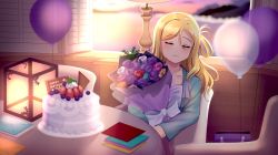 Rule 34 | 1girl, absurdres, aqua jacket, artist name, artist request, bag, balloon, blonde hair, blush, bouquet, braid, breasts, brown eyes, cake, chair, cloud, collarbone, crown braid, closed eyes, female focus, flower, food, green eyes, hair rings, highres, holding, holding bouquet, indoors, jacket, letter, looking at viewer, love live!, love live! school idol festival, love live! sunshine!!, ohara mari, on chair, parted lips, plate, purple balloon, shirt, short hair, sitting, sky, sleeping, smile, solo, strawberry cake, sunset, table, upper body, white balloon, white shirt, window, yellow eyes