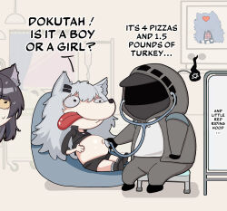 Rule 34 | 1other, 2girls, ambiguous gender, animal ears, arknights, black coat, black hair, coat, commentary, doctor, english commentary, grey hair, highres, hood, hooded coat, kinohara kossuta, lappland (arknights), long hair, multiple girls, navel, stethoscope, texas (arknights), tongue, tongue out, wolf ears, yellow eyes