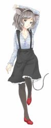 Rule 34 | 1girl, animal ears, black pantyhose, contemporary, grey eyes, grey hair, jewelry, mayoln, mouse ears, nazrin, necklace, pantyhose, shirt, simple background, solo, striped clothes, striped shirt, suspenders, touhou, white background