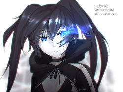 Rule 34 | 10s, 1girl, bad id, bad pixiv id, black hair, black rock shooter, black rock shooter (character), blue eyes, chromatic aberration, face, glowing, glowing eyes, happy birthday, hood, hoodie, hymn, hymn lee, long hair, looking to the side, parted lips, solo, spot color, twintails
