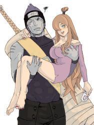 Rule 34 | 1boy, 1girl, alcohol, barefoot, beer, beer can, blue hair, blush, breasts, can, carrying, cleavage, drink can, drunk, feet, forehead protector, green yossy, groping, hair over one eye, happy, hoshigaki kisame, large breasts, long hair, nail polish, naruto (series), naruto shippuuden, one eye closed, applying pedicure, princess carry, red nails, samehada (sword), smile, sword, terumi mei, topknot, weapon, wink