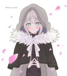 Rule 34 | 1girl, absurdres, black capelet, blush, cape, capelet, cherry blossoms, chili-tomato (gekikaraya), cloak, closed mouth, commentary request, cowboy shot, fate (series), fur-trimmed cloak, fur trim, gray (fate), green eyes, grey hair, hair between eyes, highres, hood, hood up, long sleeves, looking at viewer, lord el-melloi ii case files, own hands together, petals, short hair, simple background, smile, solo, twitter username, upper body, white background