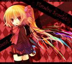 Rule 34 | 1girl, alternate costume, anna (small night), black thighhighs, blonde hair, blouse, character name, contemporary, cowboy shot, female focus, flandre scarlet, from side, hane (x20285), long hair, miniskirt, plaid, plaid shirt, ponytail, red background, red eyes, red shirt, ribbon, shirt, side ponytail, skirt, solo, thighhighs, touhou, unmoving pattern, very long hair, watermark, web address, wings, zettai ryouiki
