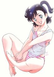 Rule 34 | 1girl, barefoot, bikini, black hair, blue eyes, breasts, cleavage, dated, harada izumi, heart catch izumi-chan, highres, kujira gunsou, medium hair, navel, own hands together, see-through, see-through shirt, side ponytail, sitting, small breasts, smile, solo, sparkle, striped bikini, striped clothes, swimsuit, white background