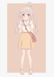 Rule 34 | 1girl, ahoge, bag, bare legs, blush, brown background, brown eyes, commentary, full body, hair between eyes, hair ornament, hairclip, heart, heart necklace, highres, holding, holding jewelry, holding necklace, jewelry, long hair, looking at viewer, necklace, necktie, no socks, onii-chan wa oshimai!, oyama mahiro, pink hair, puffy short sleeves, puffy sleeves, rundraw, sandals, short sleeves, shoulder bag, simple background, skirt, solo, standing, toes, twintails, wavy mouth, white necktie, yellow skirt