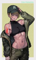 Rule 34 | 1girl, abs, arm tattoo, bandaid, bandaid on cheek, bandaid on face, bare shoulders, baseball cap, blonde hair, breasts, commentary, crop top, ear piercing, green jacket, green pants, hat, highres, jacket, looking at viewer, midriff, navel, nozu (thukuhuku), open mouth, original, pants, piercing, short hair, simple background, small breasts, solo, tattoo, yellow eyes