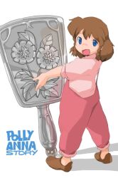 Rule 34 | 1girl, ai shoujo pollyanna monogatari, blue eyes, braided sidelock, brown footwear, brown hair, copyright name, dog nose, freckles, full body, hand mirror, looking back, mirror, open mouth, overalls, oversized object, pink overalls, pink shirt, pollyanna whittier, shadow, shirt, short hair, short sleeves, solo, soutasan, white background