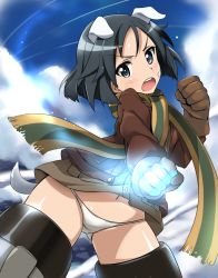 Rule 34 | 10s, 1girl, animal ears, bandaid, bandaid on cheek, bandaid on face, black hair, blue eyes, blush, brave witches, cloud, cloudy sky, day, dog ears, dog tail, flying, gloves, highres, jacket, kanno naoe, leather, leather jacket, long sleeves, looking at viewer, magic, military, military uniform, navel, no pants, open mouth, panties, round teeth, scarf, short hair, sky, solo, strike witches, striker unit, tail, teeth, thighs, underwear, uniform, white panties, world witches series, yumekaranigeruna
