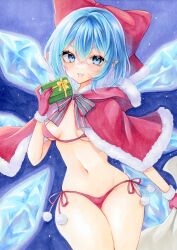 Rule 34 | 1girl, blue eyes, blue hair, bow, box, capelet, christmas ornaments, cirno, fur-trimmed capelet, fur trim, gift, gift box, hair bow, highres, ice, ice wings, natsume nadeshiko, short hair, touhou, wings