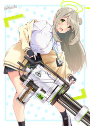 Rule 34 | 1girl, 7.62x51mm nato, :d, ammunition, ammunition belt, artist name, black skirt, black socks, blue archive, breasts, buttons, collared shirt, commentary request, cross-laced footwear, fingerless gloves, full-power cartridge, gatling gun, gloves, green eyes, gun, halo, highres, holding, holding gun, holding weapon, jacket, lanyard, leaning forward, light brown hair, lmg cartridge, long hair, looking at viewer, m134 minigun, machine gun, medium breasts, medium machine gun, minigun, motsutoko, multicolored footwear, multiple-barrel firearm, nonomi (blue archive), open mouth, plaid, plaid skirt, rifle cartridge, rotary machine gun, shirt, shoes, skirt, smile, socks, solo, standing, teeth, upper teeth only, weapon, white shirt