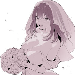 Rule 34 | 1girl, blush, bouquet, breasts, bridal veil, bride, cleavage, collarbone, dress, flower, gloves, greyscale, hair between eyes, highres, holding, holding bouquet, jewelry, large breasts, long hair, looking at viewer, monochrome, necklace, off-shoulder dress, off shoulder, open mouth, original, piercing, poriuretan, simple background, sketch, smile, solo, strapless, strapless dress, veil, wedding dress, white background