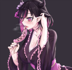 Rule 34 | 1girl, bags under eyes, black hair, black kimono, blush, breasts, breath, chinese commentary, chocolate banana, cleavage, colored inner hair, commentary request, demon girl, demon horns, frilled kimono, frills, grey background, hair between eyes, highres, horns, japanese clothes, kimono, large breasts, long hair, long sleeves, multicolored hair, nijisanji, open mouth, pink eyes, pink hair, pointy ears, sexually suggestive, simple background, solo, tongue, tongue out, two-tone hair, upper body, virtual youtuber, yamiyono moruru, yeklsa