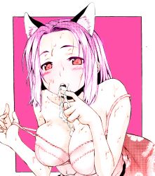 Rule 34 | 1girl, absurdres, animal ears, aquelepao, bra, breasts, cat ears, commentary request, cum, cum in mouth, highres, japanese clothes, kimono, looking at viewer, open mouth, original, pink hair, red eyes, self-upload, short hair, solo, solo focus, standing, underwear