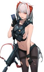 Rule 34 | 1girl, arknights, bare shoulders, black pantyhose, breasts, contrapposto, eyyy, fingerless gloves, gloves, gun, hair intakes, highres, looking at viewer, medium hair, navel, pantyhose, police badge, red eyes, rifle, sideboob, solo, suppressor, w (arknights), weapon, white background, white hair