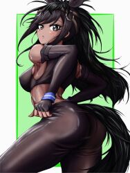 Rule 34 | 1girl, animal ears, arched back, armpits, ass, back, black hair, blush, border, breasts, bridle, brown eyes, brown hair, brown sports bra, brown thoroughbred (kemono friends), covered erect nipples, cowboy shot, dark-skinned female, dark skin, elbow gloves, extra ears, fingerless gloves, from side, gloves, heta2624, highres, horse ears, horse girl, horse tail, japan racing association, kemono friends, long hair, looking at viewer, medium breasts, multicolored hair, outside border, pants, parted bangs, parted lips, solo, sports bra, sportswear, sweat, tail, tight clothes, tight pants, two-tone hair, very long hair, white border, yoga pants