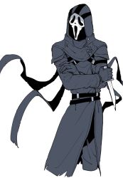 Rule 34 | belt, black gloves, buttons, capelet, crossed arms, ghostface, gloves, holding, holding knife, hood, hood up, knife, long sleeves, mask, pants, rokkoron, scream (movie), simple background, solo, standing, strap, weapon, white background