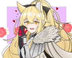 Rule 34 | 1girl, animal ear fluff, animal ears, arknights, arm guards, armor, black bow, black gloves, blemishine (arknights), blonde hair, blush, border, bow, bright pupils, cape, commentary, embarrassed, english commentary, eyes visible through hair, flower, flower (symbol), flying sweatdrops, fur-trimmed cape, fur trim, gloves, grey cape, hair between eyes, hair bow, hands up, heart, highres, horse ears, horse girl, long hair, looking at viewer, nervous sweating, open mouth, outside border, pink background, portrait, red flower, red gloves, red rose, rose, solo, sweat, white border, white pupils, yellow eyes, yosua 0669