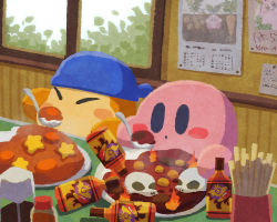Rule 34 | bandana, closed eyes, curry, eating, fire, food, food focus, french fries, kirby, kirby (series), leaf, miclot, nintendo, open mouth, plate, restaurant, rice, sauce, skull, spicy, spoon, star (symbol), surprised, table, waddle dee, window