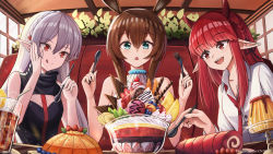 Rule 34 | 3girls, :d, :q, amiya (arknights), animal ears, arknights, bare arms, bare shoulders, blouse, blue eyes, bowl, braid, brown hair, cake, commentary, crown braid, cup, drinking glass, drinking straw, food, fork, hair between eyes, hands up, highres, holding, holding fork, holding spoon, horns, ichi10art, indoors, infection monitor (arknights), jewelry, long hair, multiple girls, neck ring, open mouth, pointy ears, pudding, rabbit ears, red eyes, red hair, red neckwear, shirt, silver hair, sleeveless, smile, spoon, swiss roll, tongue, tongue out, upper body, vigna (arknights), warfarin (arknights), white shirt