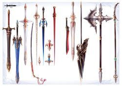 Rule 34 | absurdres, axe, battle axe, border, commentary request, english text, fantasy, glaive (polearm), highres, katana, knife, long sword, no humans, original, polearm, simple background, spear, still life, sword, translation request, weapon, weapon focus, weapon request, white background, yashiron2011